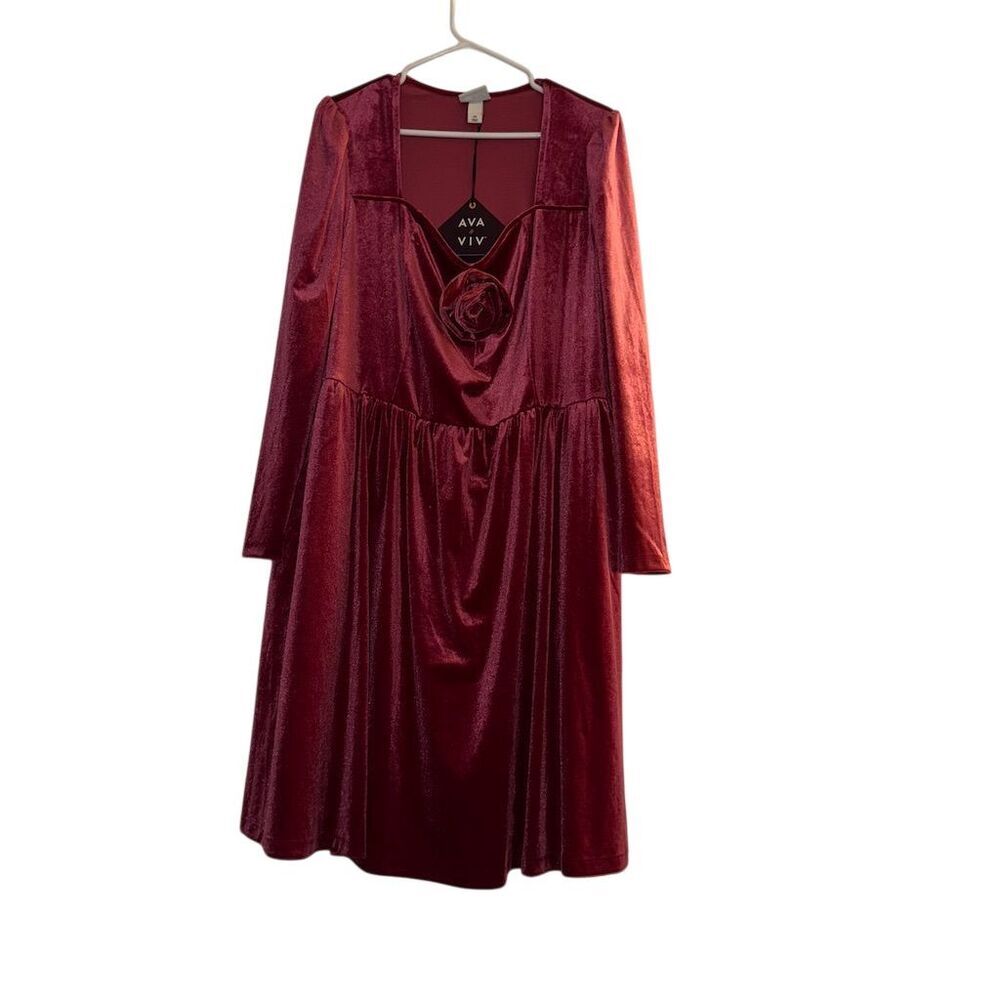 AVA & VIV Women's‎ 2X Burgundy Velvet Long-Sleeve Party Dress